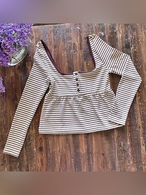 Long-Sleeve Scoop Neck Top with Button Detail - Cream & Brown Stripe Sz XS NWOT